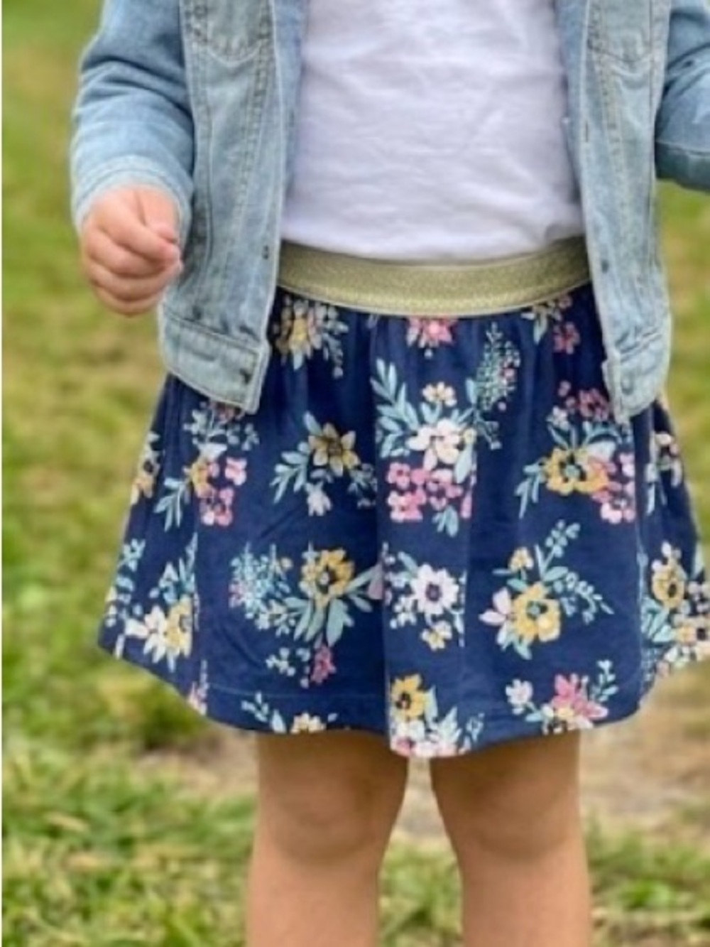 Girls' Navy Floral Skirt with Gold Elastic Waistband